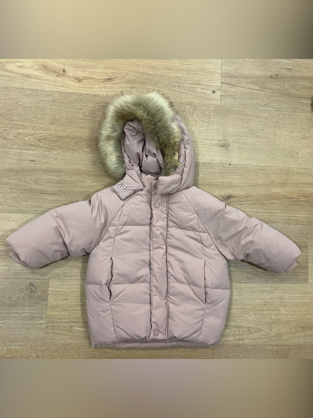 Zara Dusty Pink Puffer Jacket with Faux Fur Hood